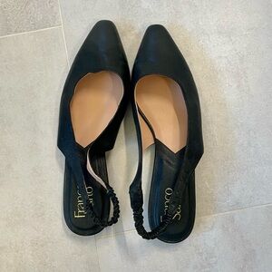 Women’s Franco Sarto leather upper 9.5 black sling back pumps. Half inch high.